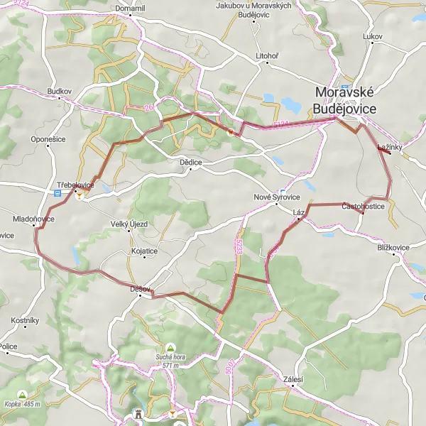 Miniaturní mapa "Gravelový okruh okolo Moravských Budějovic" inspirace pro cyklisty v oblasti Jihovýchod, Czech Republic. Vytvořeno pomocí plánovače tras Tarmacs.app