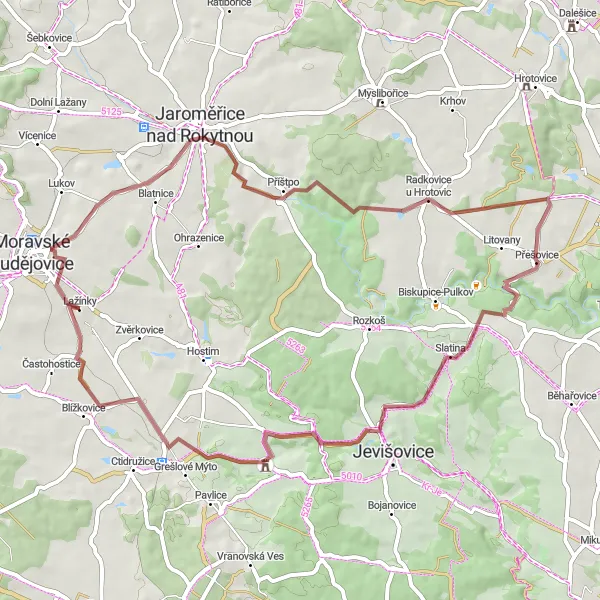 Karten-Miniaturansicht der Radinspiration "Herausfordernde Gravel-Tour um Moravské Budějovice" in Jihovýchod, Czech Republic. Erstellt vom Tarmacs.app-Routenplaner für Radtouren