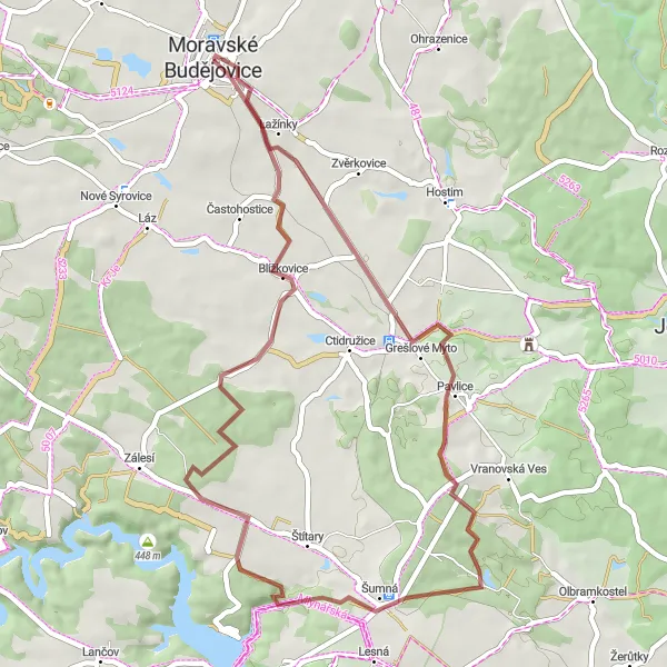 Miniaturní mapa "Gravelový okruh od Moravských Budějovic" inspirace pro cyklisty v oblasti Jihovýchod, Czech Republic. Vytvořeno pomocí plánovače tras Tarmacs.app