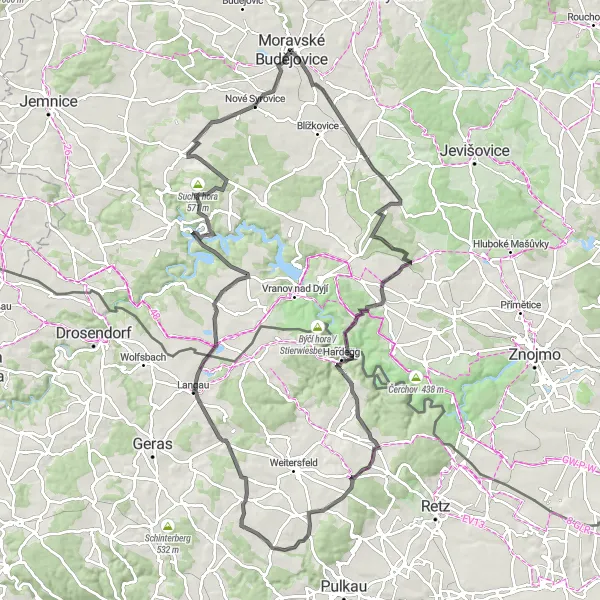 Karten-Miniaturansicht der Radinspiration "Faszinierende Road Cycling Tour um Moravské Budějovice" in Jihovýchod, Czech Republic. Erstellt vom Tarmacs.app-Routenplaner für Radtouren