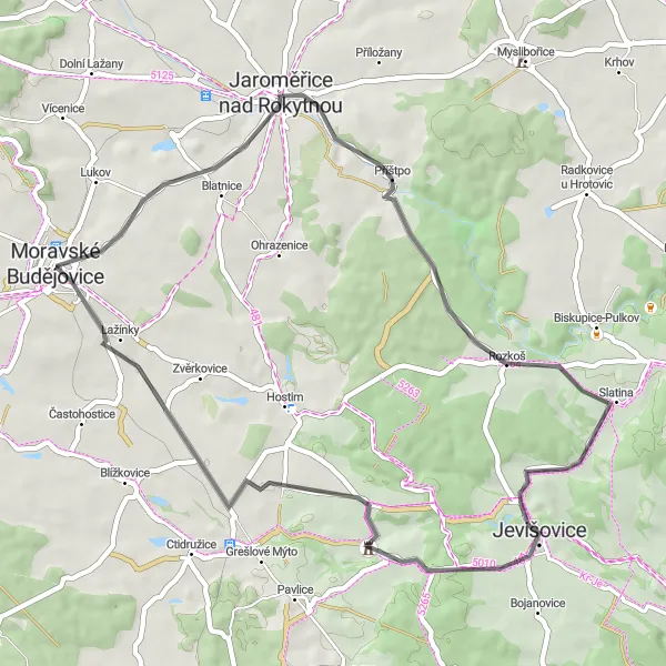 Miniaturní mapa "Okružní cyklistická trasa kolem Moravských Budějovic" inspirace pro cyklisty v oblasti Jihovýchod, Czech Republic. Vytvořeno pomocí plánovače tras Tarmacs.app