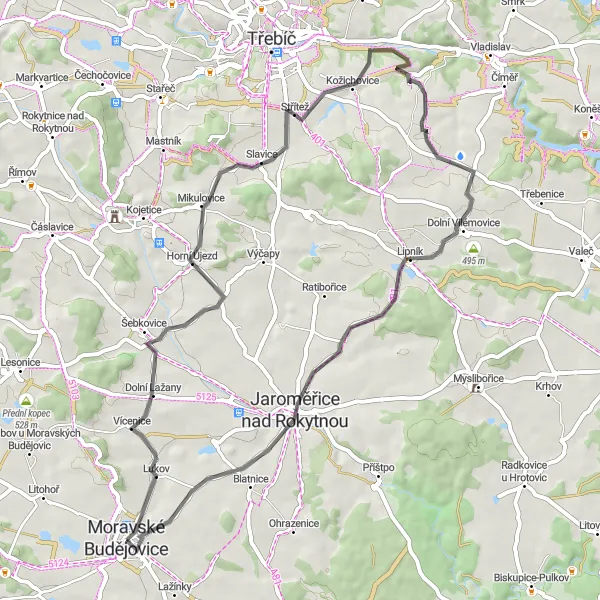 Mapa miniatúra "Okolo Moravského Budějovice" cyklistická inšpirácia v Jihovýchod, Czech Republic. Vygenerované cyklistickým plánovačom trás Tarmacs.app