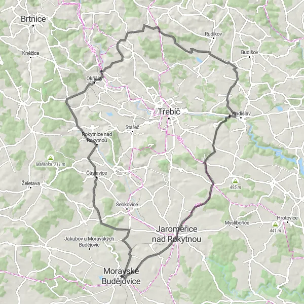 Miniatura mapy "Trasa Road Horní Lažany-Chlístov-Číhalín-Přeckov-Hostákov-Boňov-Moravské Budějovice" - trasy rowerowej w Jihovýchod, Czech Republic. Wygenerowane przez planer tras rowerowych Tarmacs.app