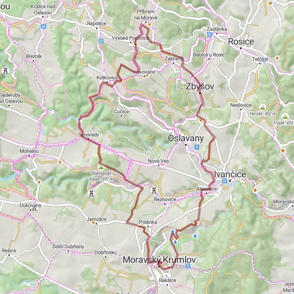 Miniaturní mapa "Gravelový výlet do okolí Moravského Krumlova" inspirace pro cyklisty v oblasti Jihovýchod, Czech Republic. Vytvořeno pomocí plánovače tras Tarmacs.app