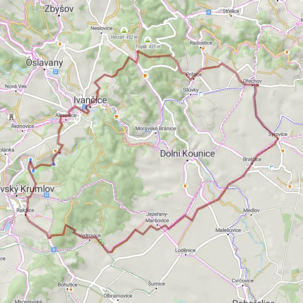 Miniatura mapy "Trasa Gravel z Moravský Krumlov" - trasy rowerowej w Jihovýchod, Czech Republic. Wygenerowane przez planer tras rowerowych Tarmacs.app