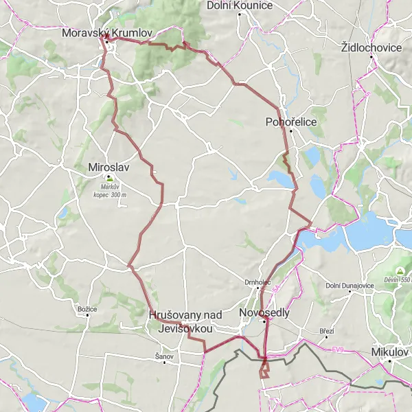 Miniaturní mapa "Okruh kolem Moravského Krumlova a okolí" inspirace pro cyklisty v oblasti Jihovýchod, Czech Republic. Vytvořeno pomocí plánovače tras Tarmacs.app