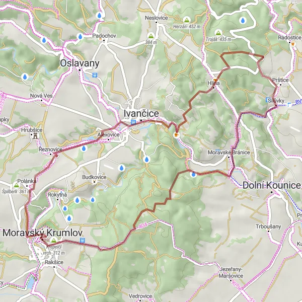 Miniaturní mapa "Gravel Moravský Krumlov Tour" inspirace pro cyklisty v oblasti Jihovýchod, Czech Republic. Vytvořeno pomocí plánovače tras Tarmacs.app