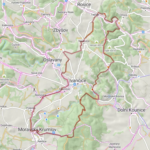 Mapa miniatúra "Gravel Trasa do Tetčic" cyklistická inšpirácia v Jihovýchod, Czech Republic. Vygenerované cyklistickým plánovačom trás Tarmacs.app