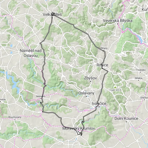 Miniaturní mapa "Road cycling tour around Moravský Krumlov" inspirace pro cyklisty v oblasti Jihovýchod, Czech Republic. Vytvořeno pomocí plánovače tras Tarmacs.app