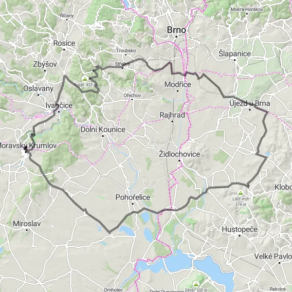 Miniatura mapy "Wyjątkowa trasa rowerowa szosowa blisko Moravskiego Krumlowa" - trasy rowerowej w Jihovýchod, Czech Republic. Wygenerowane przez planer tras rowerowych Tarmacs.app