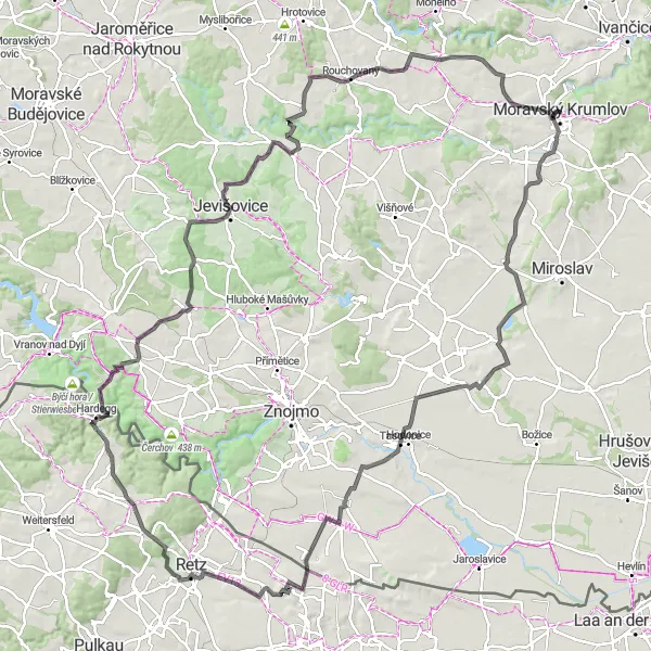 Miniaturní mapa "Road Cycling Adventure" inspirace pro cyklisty v oblasti Jihovýchod, Czech Republic. Vytvořeno pomocí plánovače tras Tarmacs.app