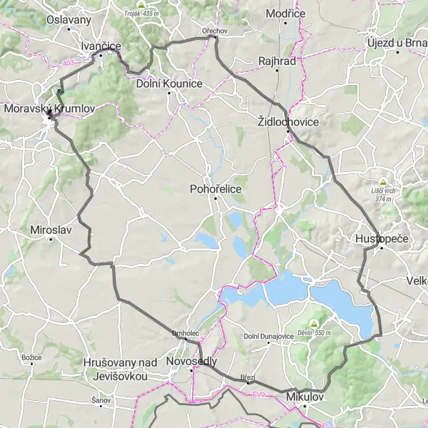Mapa miniatúra "Cestná Trasa okolo Jižní Moravy" cyklistická inšpirácia v Jihovýchod, Czech Republic. Vygenerované cyklistickým plánovačom trás Tarmacs.app
