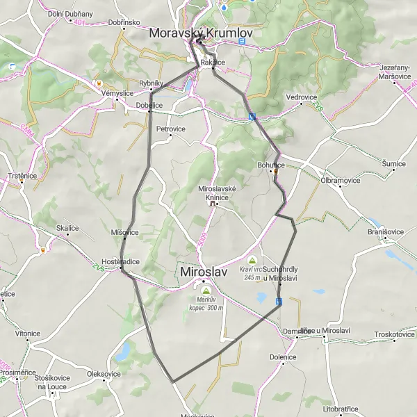 Miniaturní mapa "Cyklostezky okolo Moravského Krumlova" inspirace pro cyklisty v oblasti Jihovýchod, Czech Republic. Vytvořeno pomocí plánovače tras Tarmacs.app