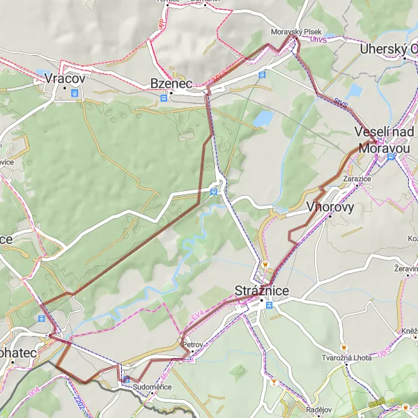 Mapa miniatúra "Gravelová dobrodružná trasa v okolí Strážnice" cyklistická inšpirácia v Jihovýchod, Czech Republic. Vygenerované cyklistickým plánovačom trás Tarmacs.app