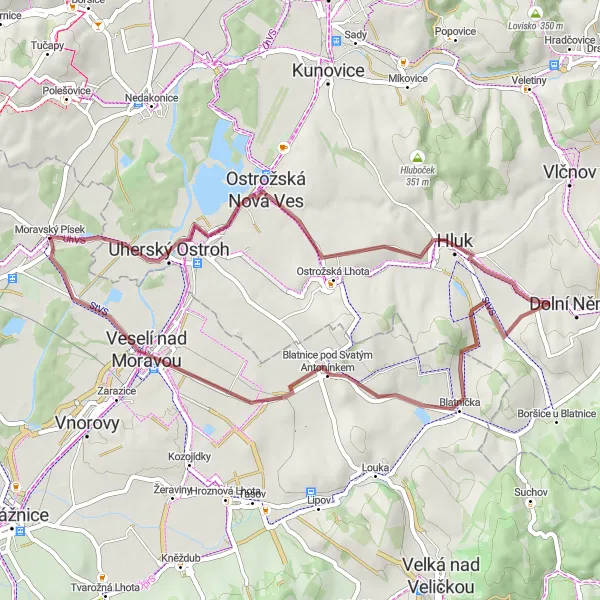 Miniaturní mapa "Gravelová exkurze na Jihu" inspirace pro cyklisty v oblasti Jihovýchod, Czech Republic. Vytvořeno pomocí plánovače tras Tarmacs.app