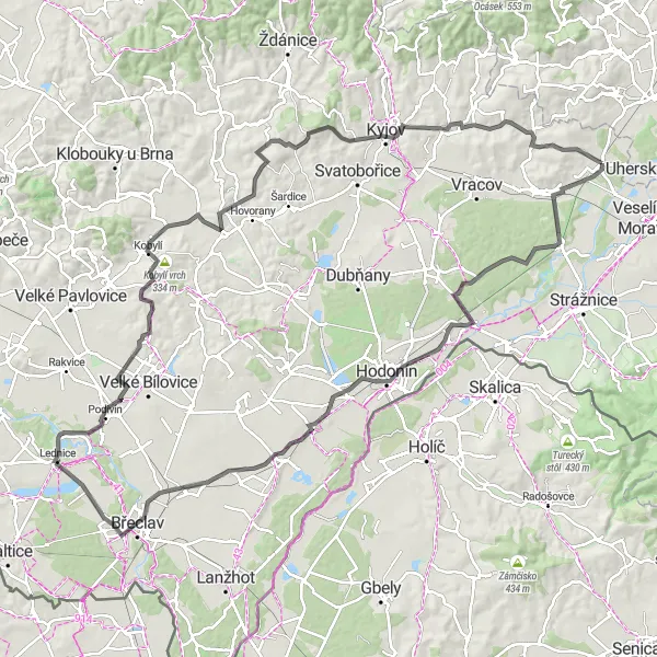 Mapa miniatúra "Dlhý okruh cez Lednicko-Valtický areál" cyklistická inšpirácia v Jihovýchod, Czech Republic. Vygenerované cyklistickým plánovačom trás Tarmacs.app