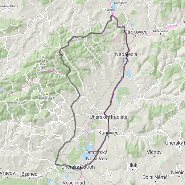 Map miniature of "Challenging Road Cycling Tour in Moravský Písek" cycling inspiration in Jihovýchod, Czech Republic. Generated by Tarmacs.app cycling route planner