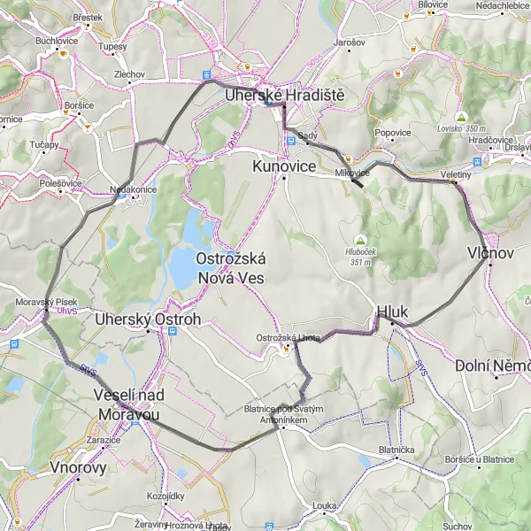 Mapa miniatúra "Road cycling loop to Hluk" cyklistická inšpirácia v Jihovýchod, Czech Republic. Vygenerované cyklistickým plánovačom trás Tarmacs.app