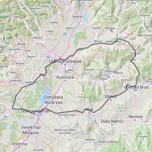 Mapa miniatúra "Cyklotúra okolo Moravského Píska a Uherského Ostrohu" cyklistická inšpirácia v Jihovýchod, Czech Republic. Vygenerované cyklistickým plánovačom trás Tarmacs.app