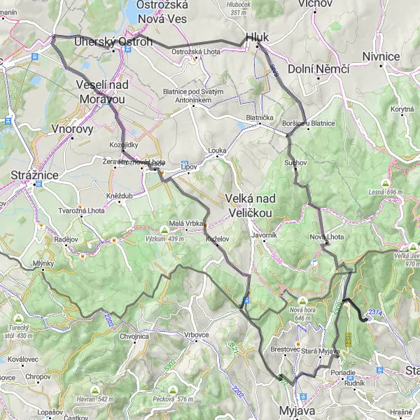 Mapa miniatúra "Okružní jízda po silnici kolem Moravského Píska" cyklistická inšpirácia v Jihovýchod, Czech Republic. Vygenerované cyklistickým plánovačom trás Tarmacs.app