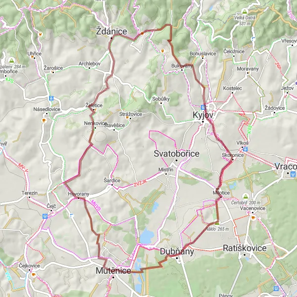 Miniaturní mapa "Gravelový okruh okolo Mutěnic" inspirace pro cyklisty v oblasti Jihovýchod, Czech Republic. Vytvořeno pomocí plánovače tras Tarmacs.app