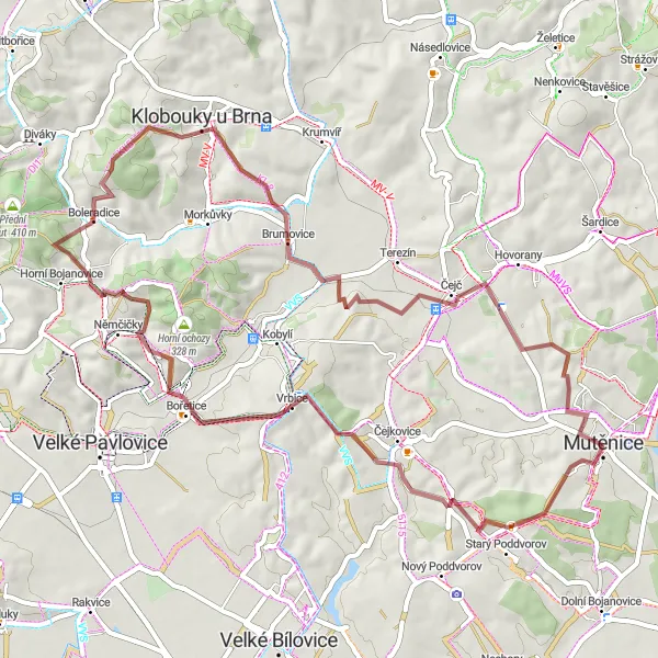 Mapa miniatúra "Vína a kopečky okolo Mutěnic" cyklistická inšpirácia v Jihovýchod, Czech Republic. Vygenerované cyklistickým plánovačom trás Tarmacs.app
