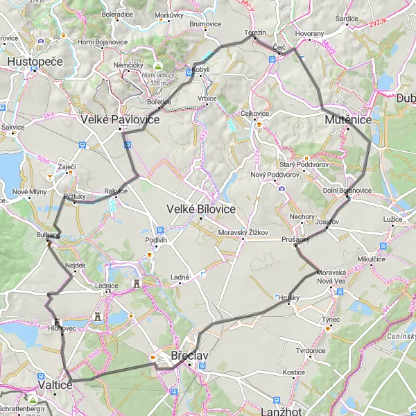 Mapa miniatúra "Cesta kolem Mutěnic" cyklistická inšpirácia v Jihovýchod, Czech Republic. Vygenerované cyklistickým plánovačom trás Tarmacs.app