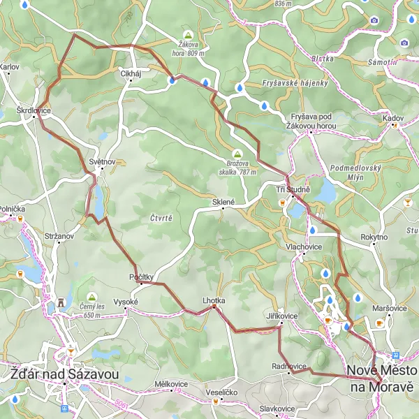 Miniatura mapy "Trasa gravelowa na południowy wschód od Nové Město na Moravě" - trasy rowerowej w Jihovýchod, Czech Republic. Wygenerowane przez planer tras rowerowych Tarmacs.app