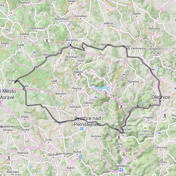 Miniaturní mapa "Road Pohledecká skála - Bystřice nad Pernštejnem" inspirace pro cyklisty v oblasti Jihovýchod, Czech Republic. Vytvořeno pomocí plánovače tras Tarmacs.app