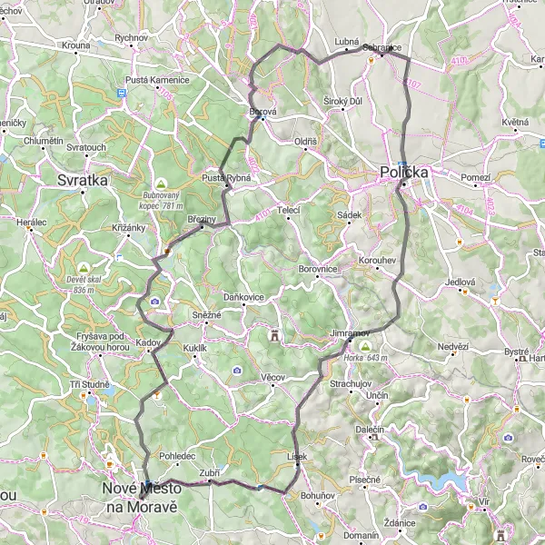 Map miniature of "Loop around Nové Město na Moravě through Pasecká Skála and Pohledec" cycling inspiration in Jihovýchod, Czech Republic. Generated by Tarmacs.app cycling route planner