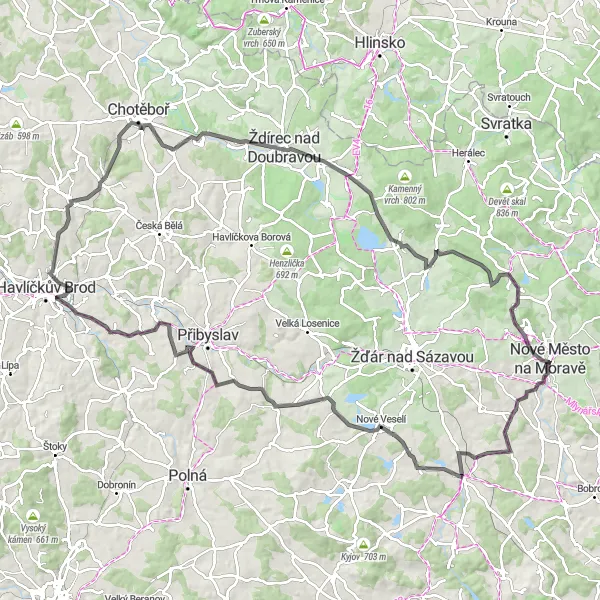 Mapa miniatúra "Cyklo z Nového Města na Moravě" cyklistická inšpirácia v Jihovýchod, Czech Republic. Vygenerované cyklistickým plánovačom trás Tarmacs.app