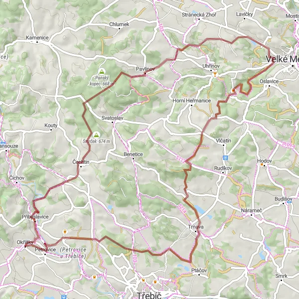Map miniature of "Scenic Gravel Ride to Červená Lhota" cycling inspiration in Jihovýchod, Czech Republic. Generated by Tarmacs.app cycling route planner