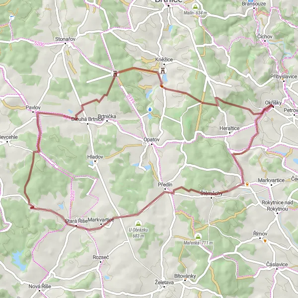 Miniaturní mapa "Gravel Okříšky - Zašovice loop" inspirace pro cyklisty v oblasti Jihovýchod, Czech Republic. Vytvořeno pomocí plánovače tras Tarmacs.app