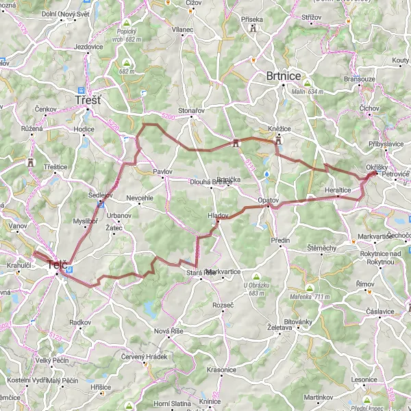 Miniaturní mapa "Okružní cyklotrasa Hrad Okříšky" inspirace pro cyklisty v oblasti Jihovýchod, Czech Republic. Vytvořeno pomocí plánovače tras Tarmacs.app