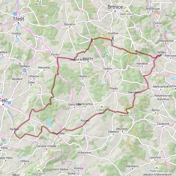 Karten-Miniaturansicht der Radinspiration "Gravel-Rundtour rund um Okříšky" in Jihovýchod, Czech Republic. Erstellt vom Tarmacs.app-Routenplaner für Radtouren