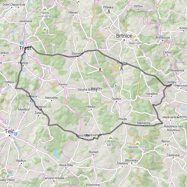 Map miniature of "Panoramic Road Tour to Stonařov" cycling inspiration in Jihovýchod, Czech Republic. Generated by Tarmacs.app cycling route planner