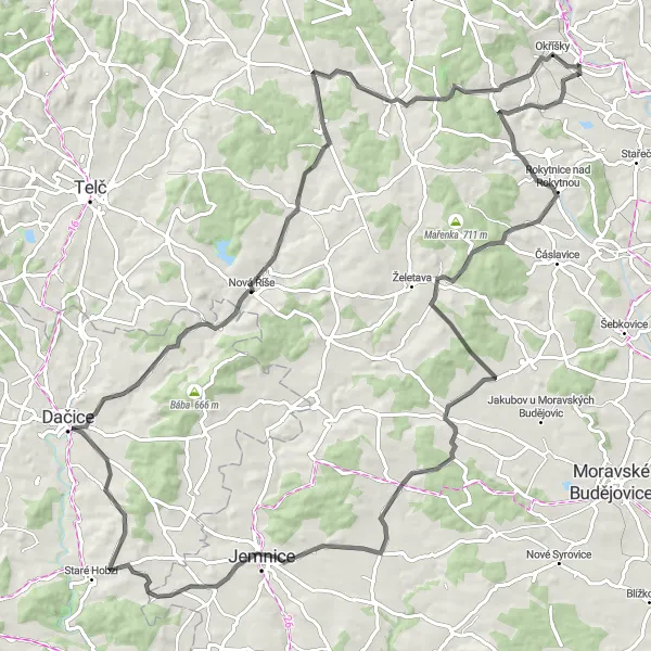 Mapa miniatúra "Prozkoumání venkovských obcí" cyklistická inšpirácia v Jihovýchod, Czech Republic. Vygenerované cyklistickým plánovačom trás Tarmacs.app