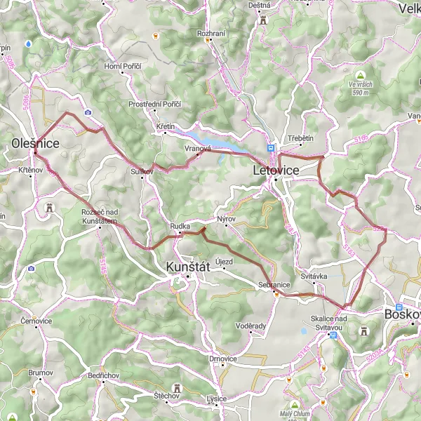Miniaturní mapa "Gravel Trasa Olešnice - Crhov" inspirace pro cyklisty v oblasti Jihovýchod, Czech Republic. Vytvořeno pomocí plánovače tras Tarmacs.app