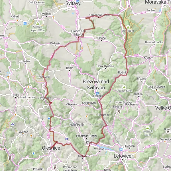 Miniaturní mapa "Gravel Trasa Olešnice - Zelenkův kopec" inspirace pro cyklisty v oblasti Jihovýchod, Czech Republic. Vytvořeno pomocí plánovače tras Tarmacs.app