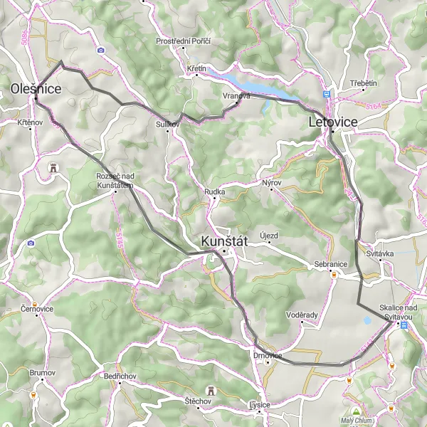 Map miniature of "Vřesice and Zbraslavec Loop" cycling inspiration in Jihovýchod, Czech Republic. Generated by Tarmacs.app cycling route planner