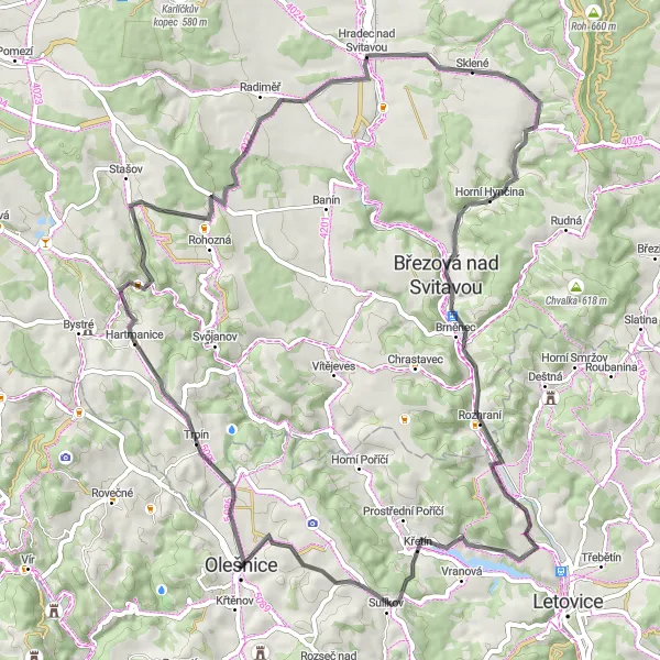 Mapa miniatúra "Okružní cesta kolem Olešnice" cyklistická inšpirácia v Jihovýchod, Czech Republic. Vygenerované cyklistickým plánovačom trás Tarmacs.app