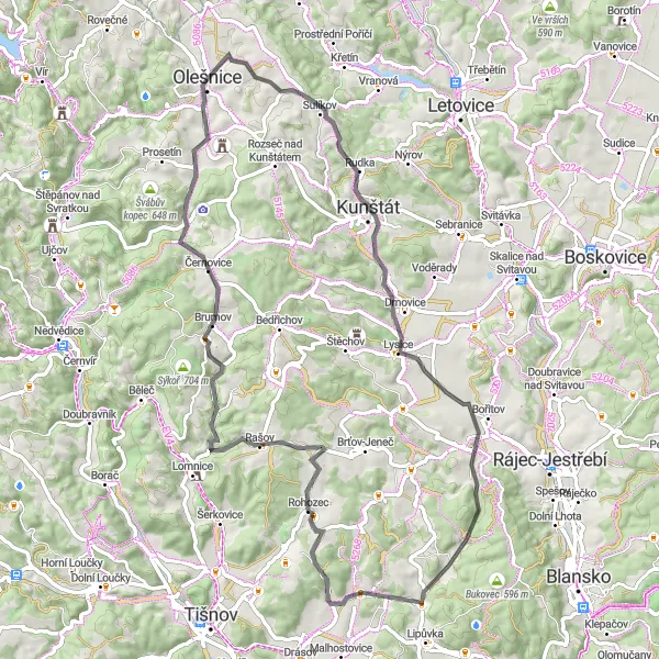 Map miniature of "Challenging Road Escape: Olešnice and Beyond" cycling inspiration in Jihovýchod, Czech Republic. Generated by Tarmacs.app cycling route planner