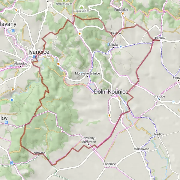 Miniaturní mapa "Gravel Tour skrz Vedrovice a Ivančice" inspirace pro cyklisty v oblasti Jihovýchod, Czech Republic. Vytvořeno pomocí plánovače tras Tarmacs.app