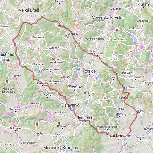 Miniaturní mapa "Gravelový okruh Ořechov - Radostice" inspirace pro cyklisty v oblasti Jihovýchod, Czech Republic. Vytvořeno pomocí plánovače tras Tarmacs.app