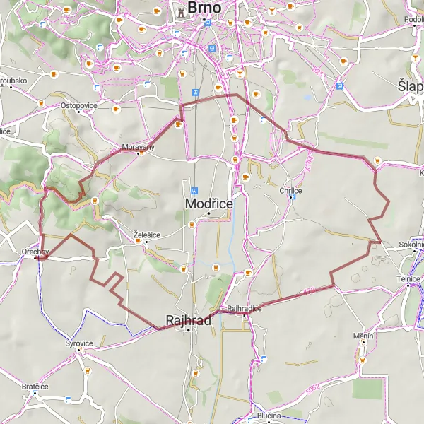 Map miniature of "Nebovid and Rajhrad Gravel Loop" cycling inspiration in Jihovýchod, Czech Republic. Generated by Tarmacs.app cycling route planner