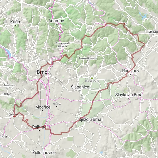 Map miniature of "Moravany and Hády Gravel Adventure" cycling inspiration in Jihovýchod, Czech Republic. Generated by Tarmacs.app cycling route planner