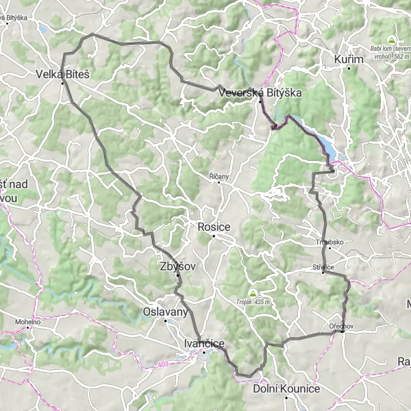 Miniaturní mapa "Cyklotrasa Ořechov - Střelice" inspirace pro cyklisty v oblasti Jihovýchod, Czech Republic. Vytvořeno pomocí plánovače tras Tarmacs.app