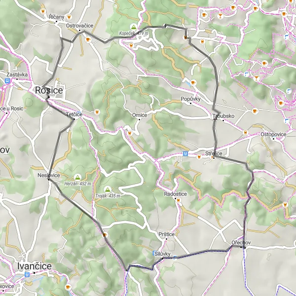 Map miniature of "Rosice and Hradisko Road Loop" cycling inspiration in Jihovýchod, Czech Republic. Generated by Tarmacs.app cycling route planner