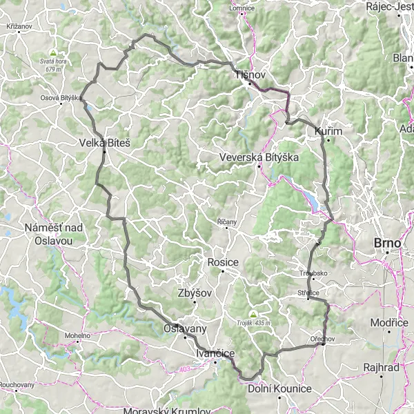 Miniatura mapy "Trasy rowerowe w okolicy Ořechova - Szosa" - trasy rowerowej w Jihovýchod, Czech Republic. Wygenerowane przez planer tras rowerowych Tarmacs.app