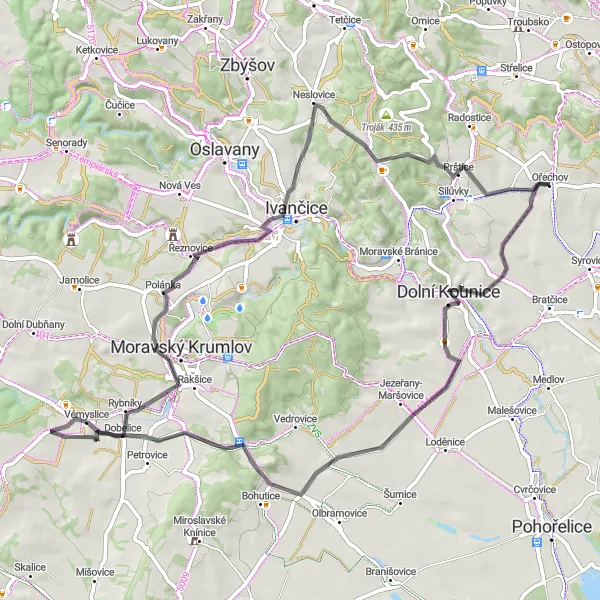 Miniatura mapy "Trasy rowerowe w okolicy Ořechova - Szosa" - trasy rowerowej w Jihovýchod, Czech Republic. Wygenerowane przez planer tras rowerowych Tarmacs.app